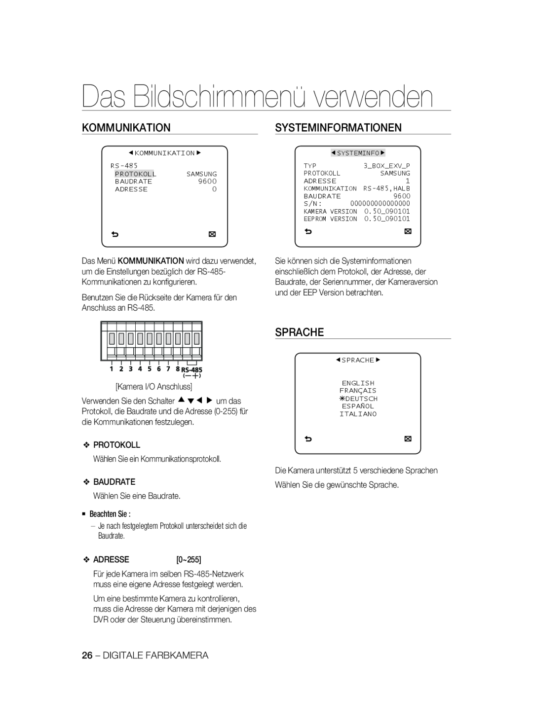 Samsung SCC-B2337P, SCC-B2037P manual Kommunikation, Systeminformationen, Sprache, Das Bildschirmmenü verwenden 