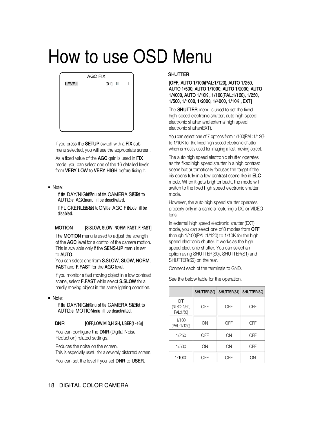 Samsung SCC-B2337N, SCC-B2337P, SCC-B2037P user manual Motion, Dnr, Reduces the noise on the screen, Shutter 