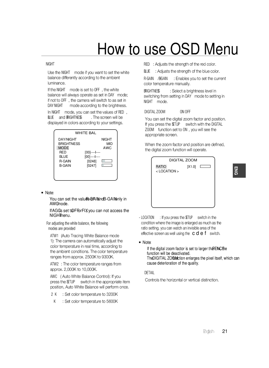 Samsung SCC-B2337P, SCC-B2337N, SCC-B2037P user manual Digital Zoom, Modes are provided 