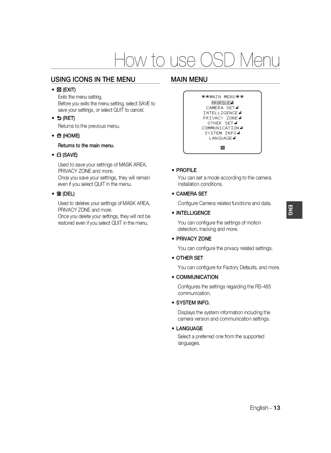 Samsung SCC-B2337P, SCC-B2337N, SCC-B2037P user manual Using Icons In The Menu, Main Menu, How to use OSD Menu 