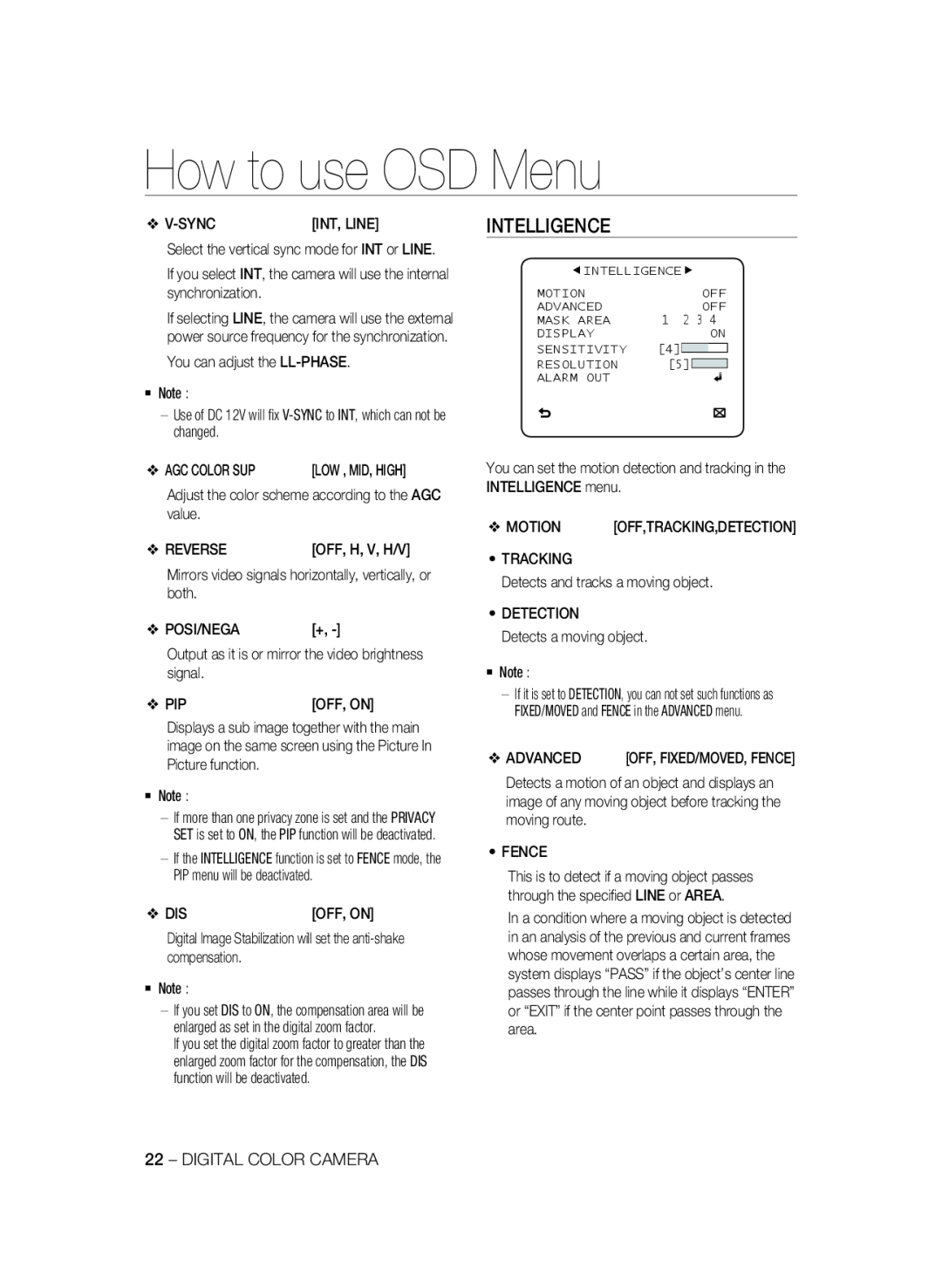 Samsung SCC-B2337N, SCC-B2337P, SCC-B2037P user manual Intelligence, How to use OSD Menu 