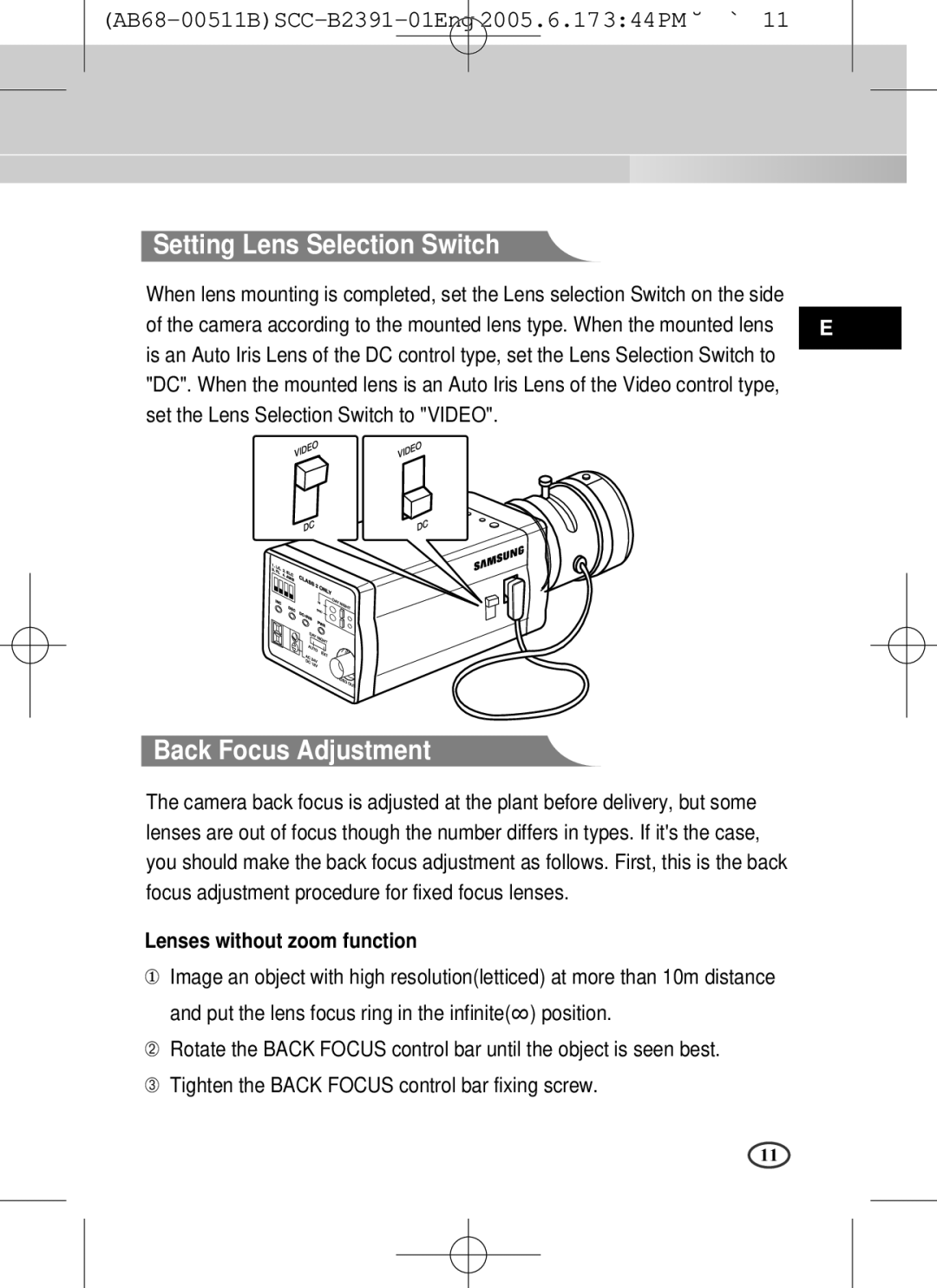 Samsung SCC-B2300, SCC-B2391(P) Setting Lens Selection Switch, Back Focus Adjustment, Lenses without zoom function 