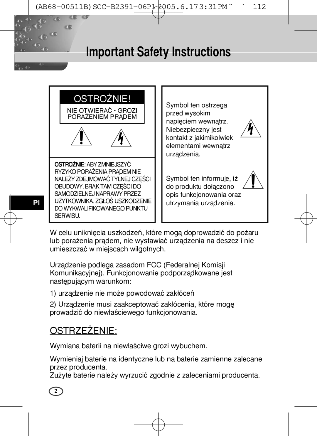 Samsung SCC-B2300, SCC-B2391(P), SCC-B2091(P) user manual Ostro˚Nie 