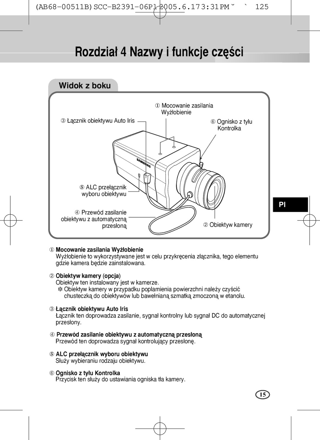 Samsung SCC-B2391(P), SCC-B2091(P), SCC-B2300 user manual Rozdzia∏ 4 Nazwy i funkcje cz´Êci, Widok z boku 