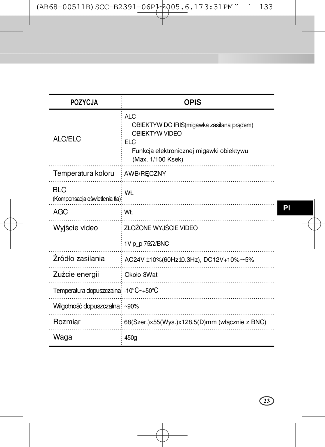 Samsung SCC-B2300, SCC-B2391(P), SCC-B2091(P) user manual Èród∏o zasilania 