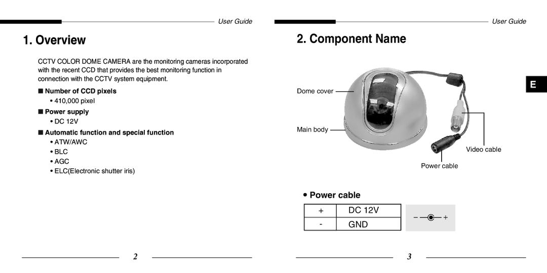 Samsung SCC-B5201(S)P Overview, Component Name, Number of CCD pixels, Power supply Automatic function and special function 