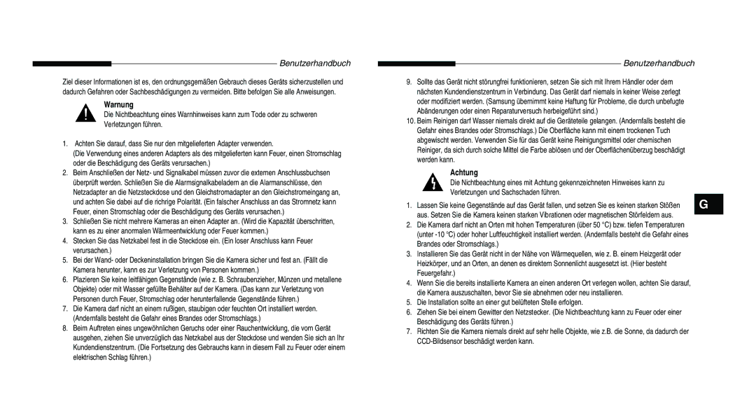 Samsung SCC-B5203P, SCC-B5203SP manual Benutzerhandbuch, Warnung, Achtung, Verletzungen und Sachschaden führen 