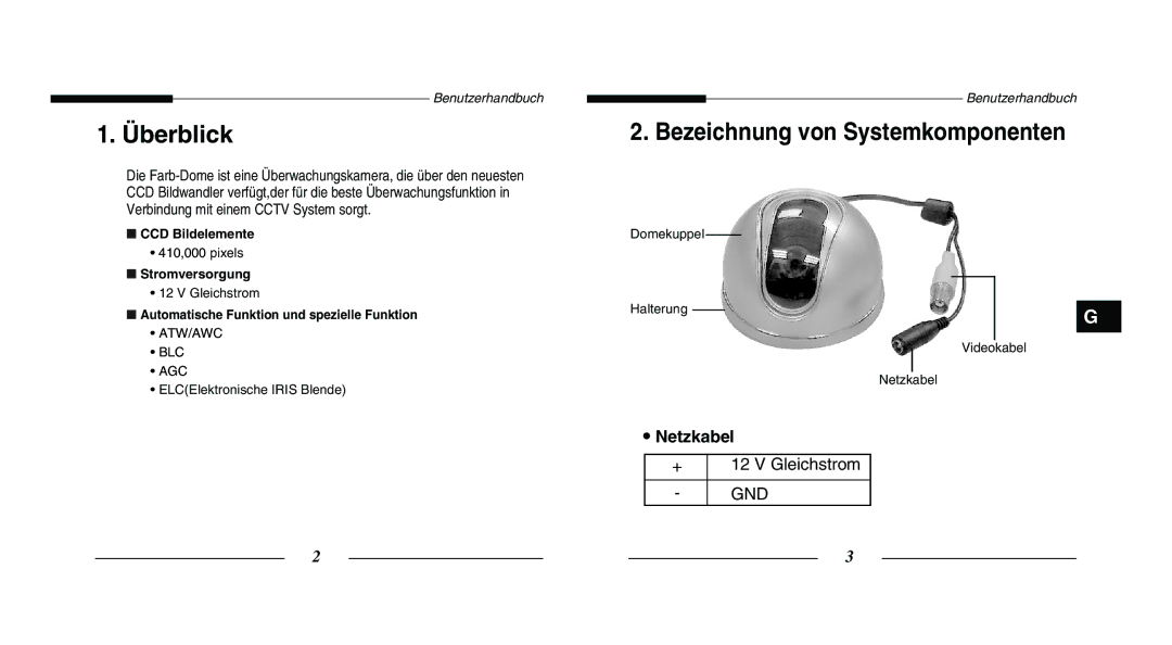 Samsung SCC-B5203SP, SCC-B5203P manual Überblick, Bezeichnung von Systemkomponenten, CCD Bildelemente, Stromversorgung 