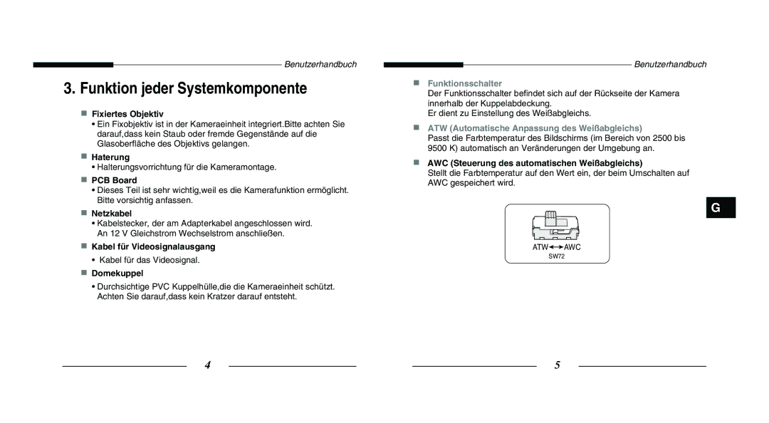 Samsung SCC-B5203P, SCC-B5203SP manual Funktion jeder Systemkomponente 