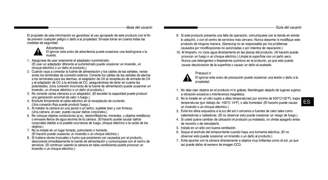 Samsung SCC-B5203P, SCC-B5203SP manual Guía del usuario, Advertencia, Precaución, Un incendio o un choque eléctrico 