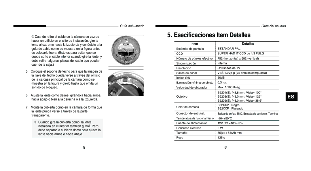 Samsung SCC-B5203P, SCC-B5203SP manual Esecificaciones Item Detalles, Guía del usuario Guía del usuario 