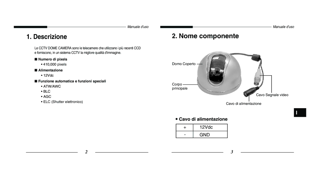 Samsung SCC-B5203SP Descrizione, Nome componente, Numero di pixels, Alimentazione, Funzione automatica e funzioni speciali 