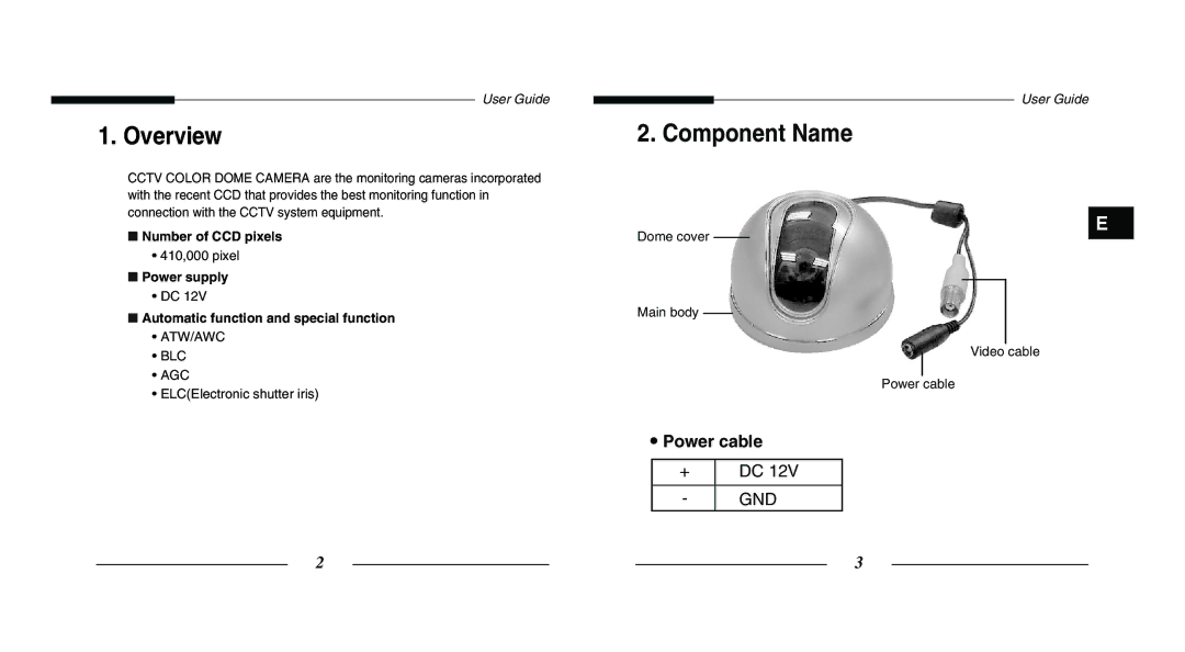 Samsung SCC-B5203SP Overview, Component Name, Number of CCD pixels, Power supply Automatic function and special function 