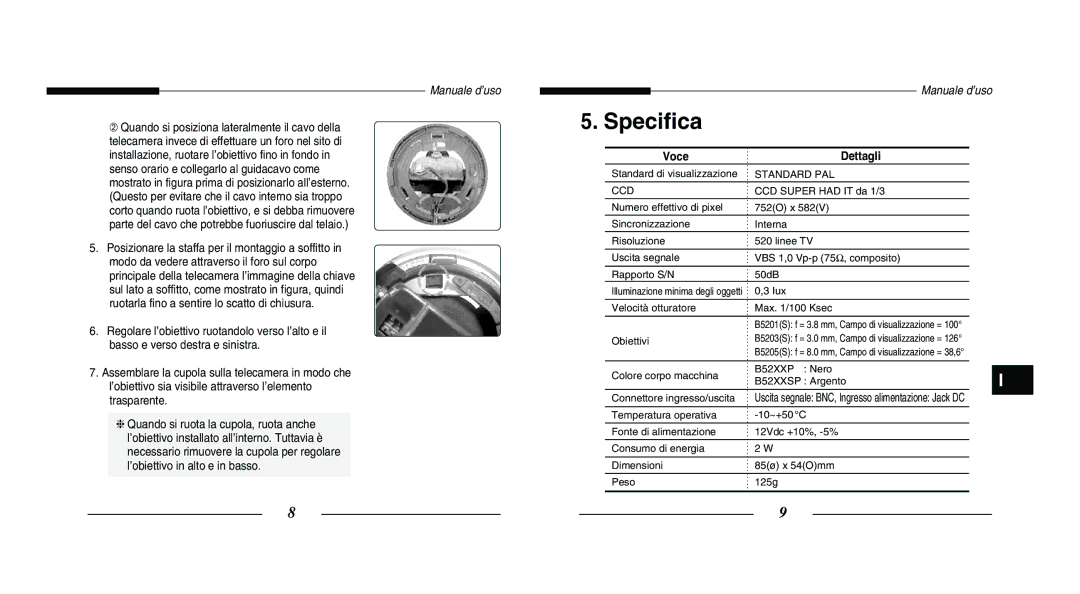 Samsung SCC-B5203P, SCC-B5203SP manual Specifica 