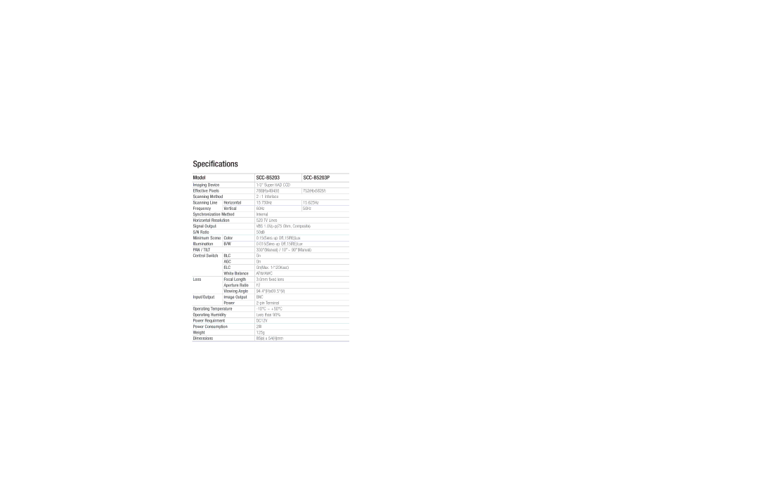 Samsung dimensions Specifications, Model SCC-B5203 SCC-B5203P 