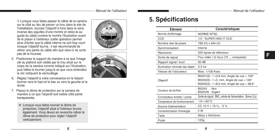 Samsung SCC-B5203(S)P, SCC-B5205(S)P manual Spécifications 