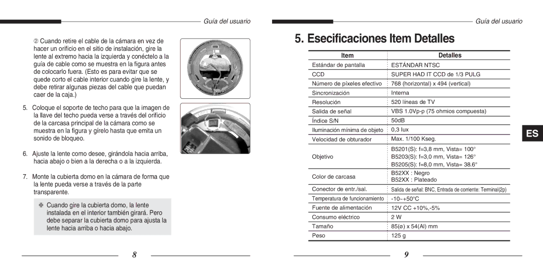 Samsung SCC-B5205(S)P, SCC-B5203(S)P manual Esecificaciones Item Detalles 