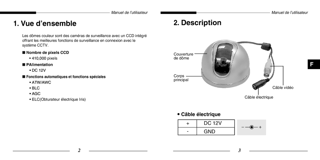 Samsung SCC-B5205(S)P, SCC-B5203(S)P manual Vue d’ensemble, Description, Nombre de pixels CCD 