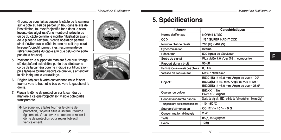 Samsung SCC-B5203(S)P, SCC-B5205(S)P manual 5. Spécifications, Elément, Caractéristiques 
