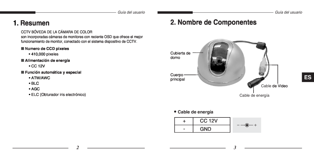 Samsung SCC-B5203(S) manual Resumen, Nombre de Componentes, + Cc Gnd, Numero de CCD pixeles, Alimentación de energía 