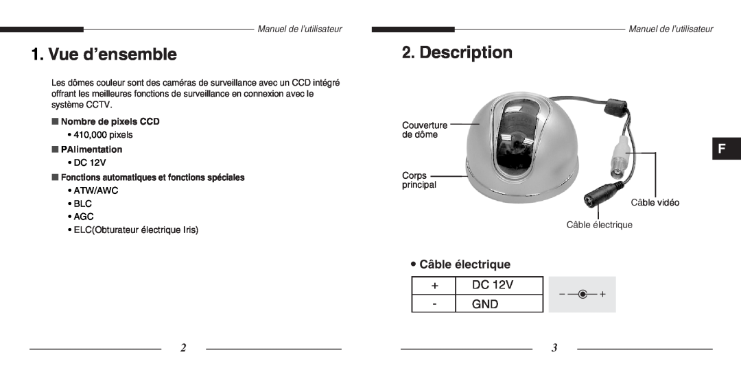 Samsung SCC-B5205(S) manual Vue d’ensemble, Description, Câble électrique, Nombre de pixels CCD, PAlimentation, + Dc Gnd 