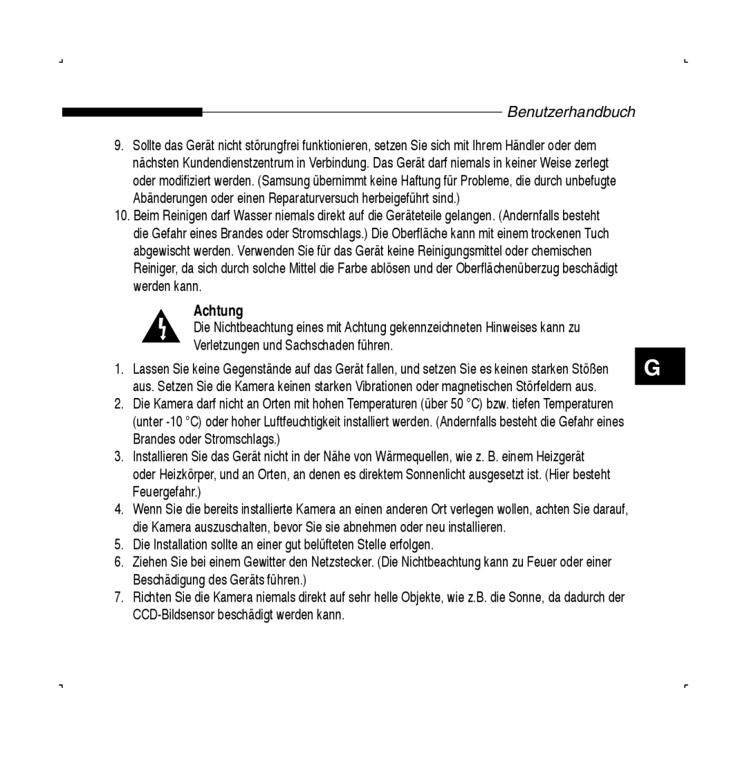 Samsung SCC-B5223BP, SCC-B5223P manual Achtung, Verletzungen und Sachschaden führen 