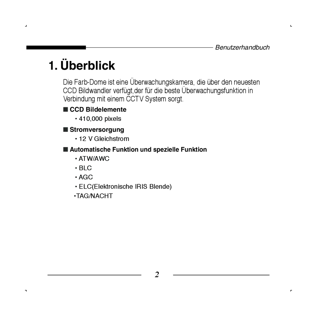 Samsung SCC-B5223P, SCC-B5223BP Überblick, CCD Bildelemente, Stromversorgung, Automatische Funktion und spezielle Funktion 