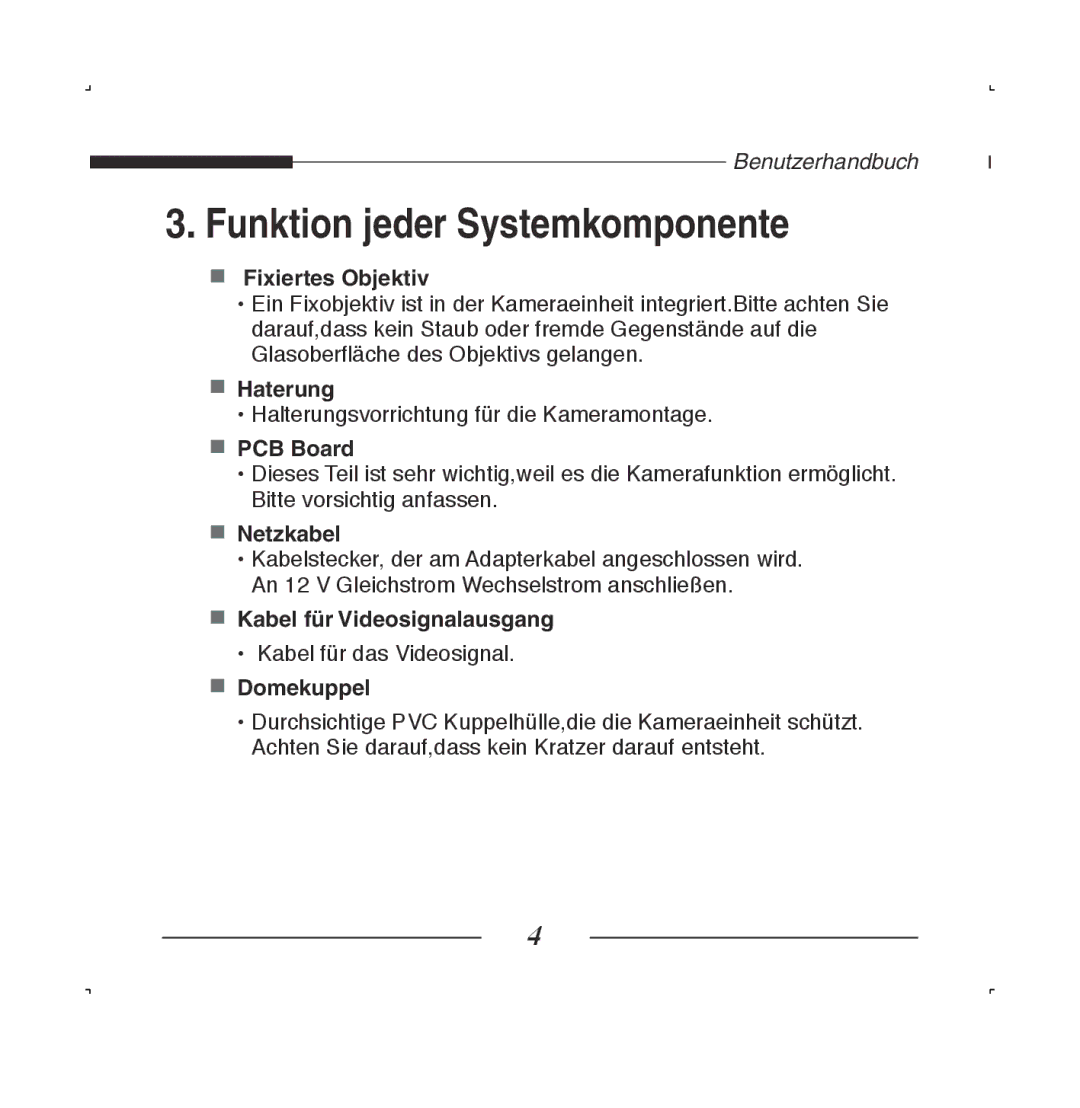 Samsung SCC-B5223P, SCC-B5223BP manual Funktion jeder Systemkomponente 