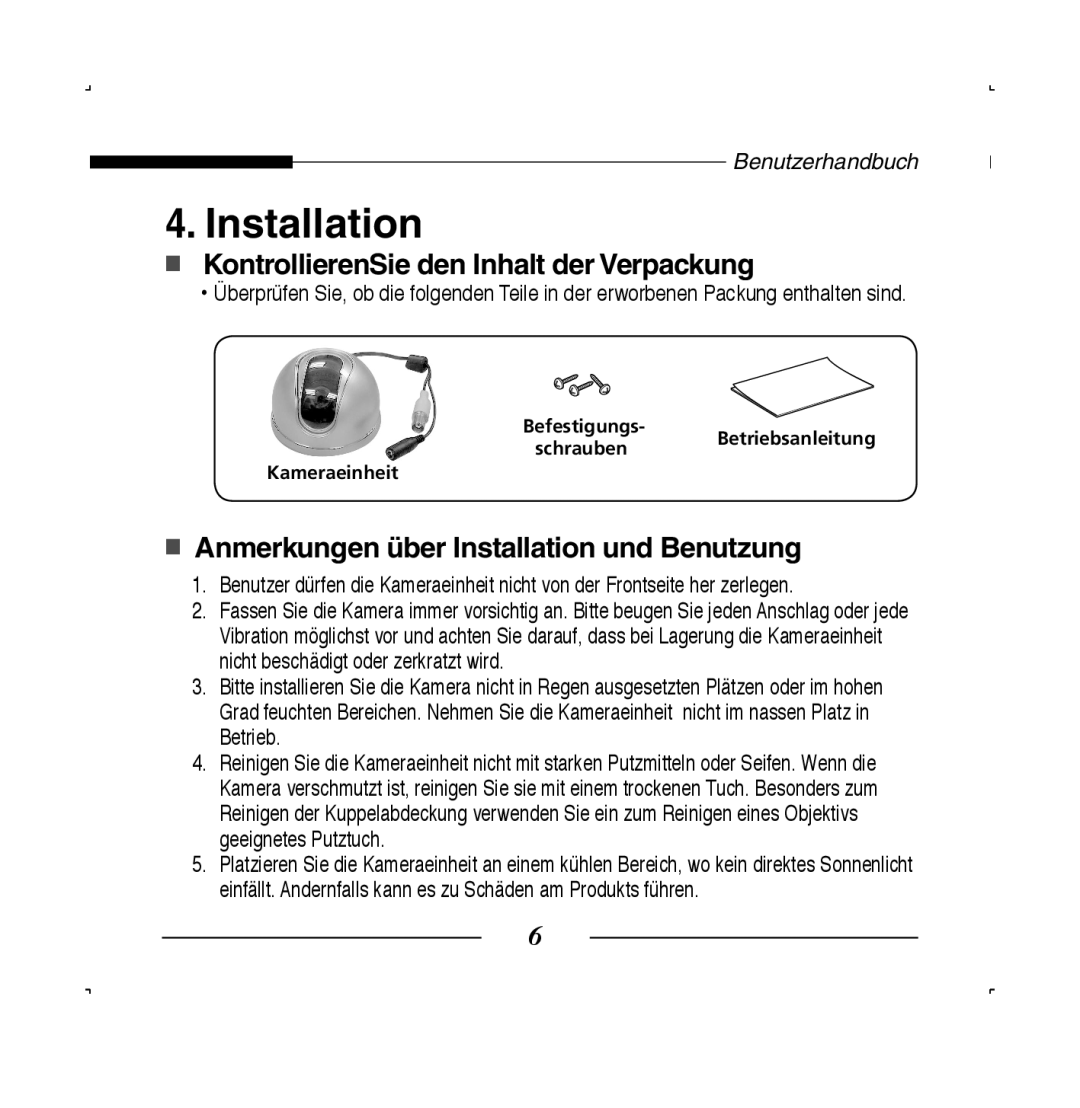 Samsung SCC-B5223P, SCC-B5223BP KontrollierenSie den Inhalt der Verpackung, Anmerkungen über Installation und Benutzung 