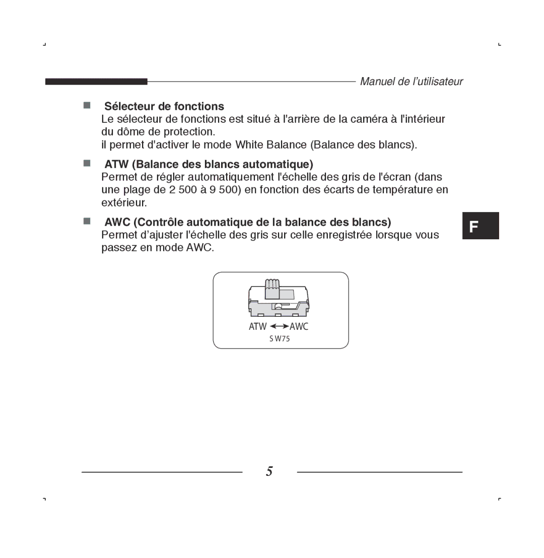 Samsung SCC-B5223P, SCC-B5223BP manual Sélecteur de fonctions, ATW Balance des blancs automatique 