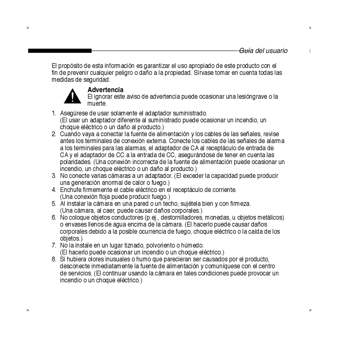 Samsung SCC-B5223P, SCC-B5223BP manual Guía del usuario, Advertencia 