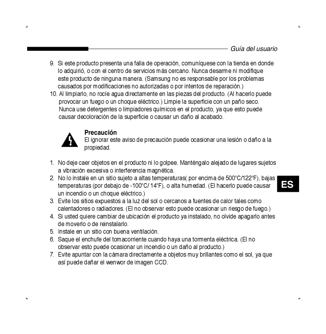 Samsung SCC-B5223BP, SCC-B5223P manual Precaución, Vibración excesiva o interferencia magnética 