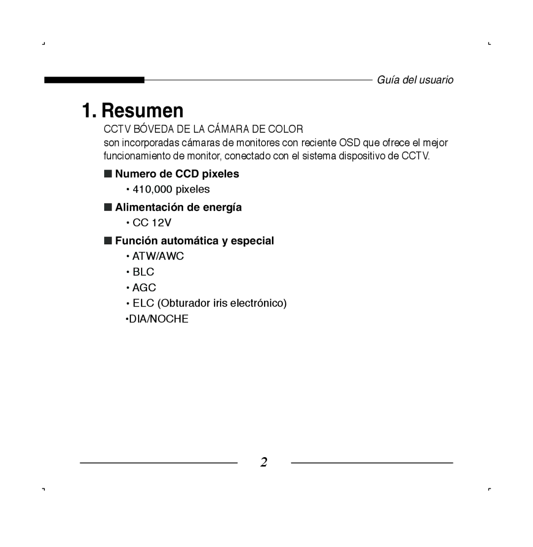 Samsung SCC-B5223P, SCC-B5223BP manual Resumen, Numero de CCD pixeles, Alimentación de energía Función automática y especial 