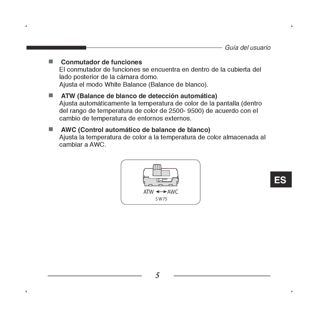 Samsung SCC-B5223BP, SCC-B5223P manual Conmutador de funciones, ATW Balance de blanco de detección automática 