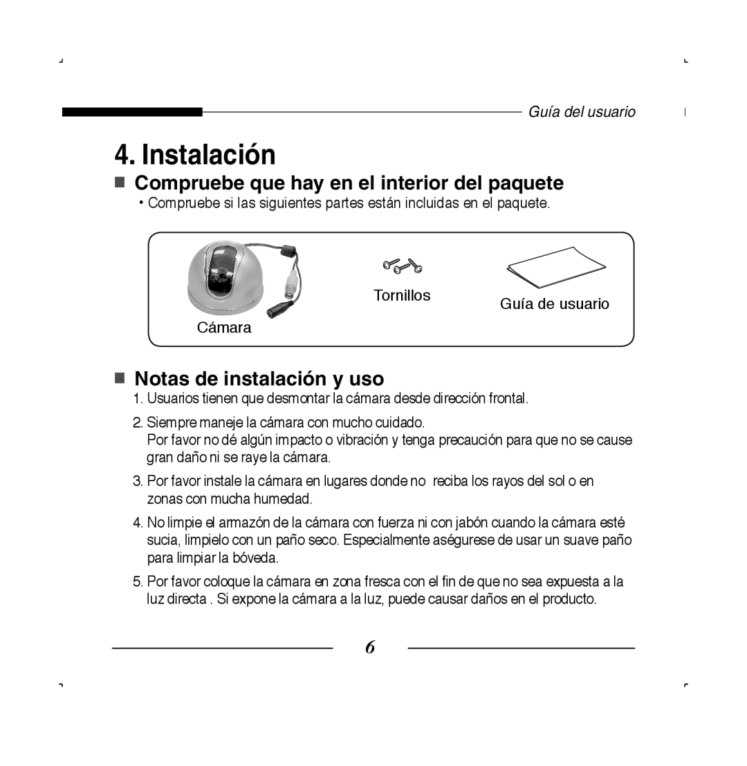 Samsung SCC-B5223P, SCC-B5223BP manual Instalación, Compruebe que hay en el interior del paquete, Notas de instalación y uso 