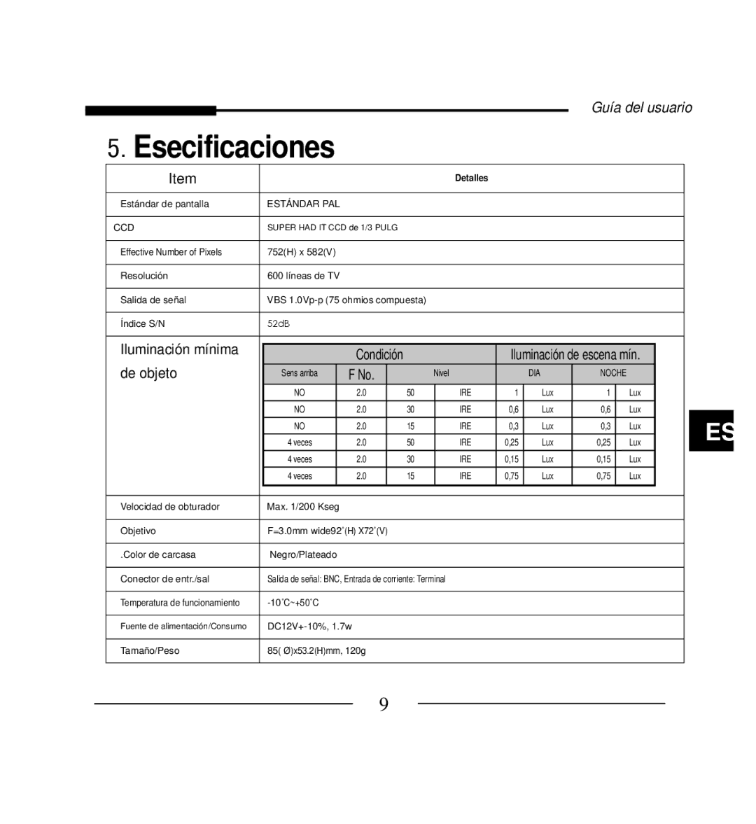 Samsung SCC-B5223BP, SCC-B5223P manual Esecificaciones 