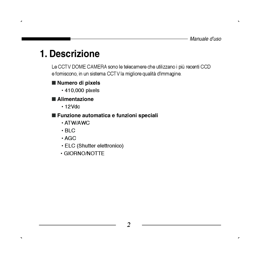 Samsung SCC-B5223BP, SCC-B5223P manual Descrizione, Numero di pixels, Alimentazione, Funzione automatica e funzioni speciali 