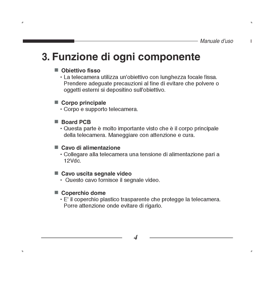 Samsung SCC-B5223BP, SCC-B5223P manual Funzione di ogni componente 