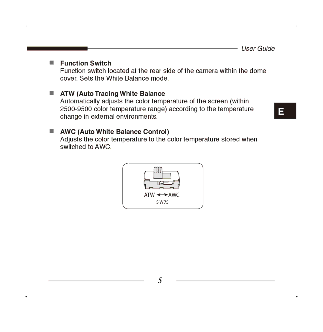 Samsung SCC-B5223P, SCC-B5223BP manual Function Switch, AWC Auto White Balance Control 