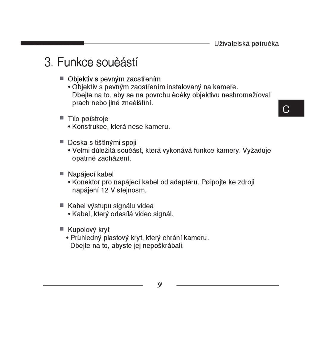 Samsung SCC-B5223P, SCC-B5223BP manual Funkce souèástí 