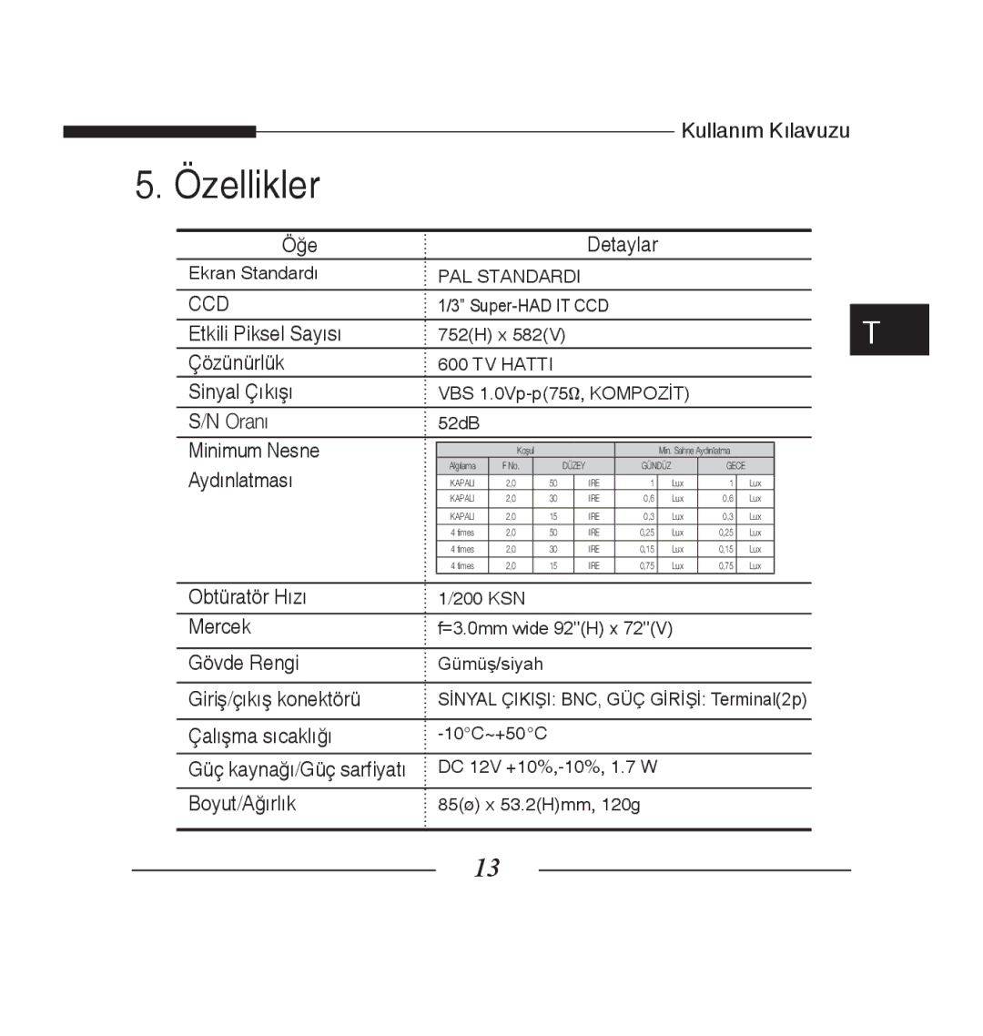 Samsung SCC-B5223BP, SCC-B5223P manual Özellikler, Aydınlatması 