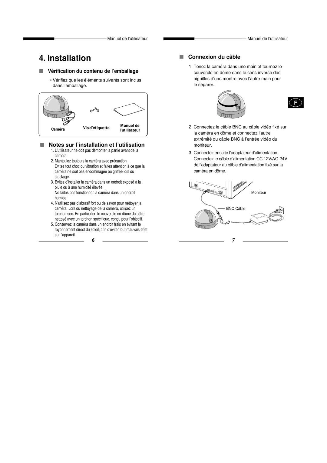 Samsung SCC-B5300P manual Vérification du contenu de l’emballage, Connexion du câble, Moniteur BNC Câble 