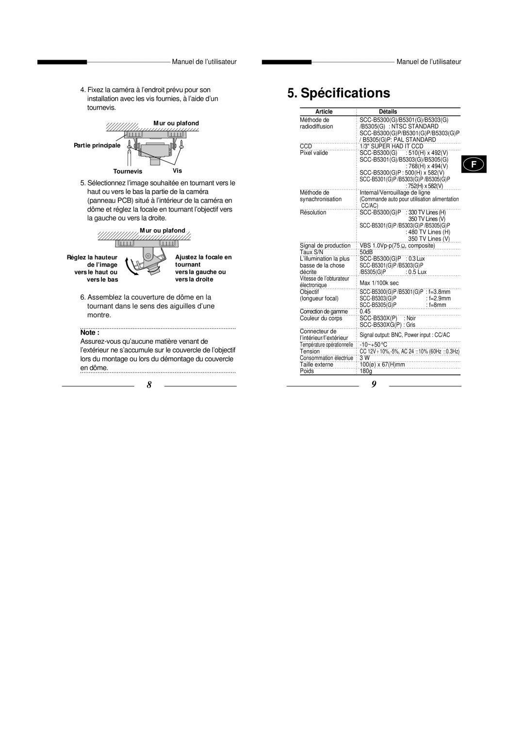 Samsung SCC-B5300P manual Assurez-vous qu’aucune matière venant de, En dôme, Mur ou plafond Partie principale TournevisVis 