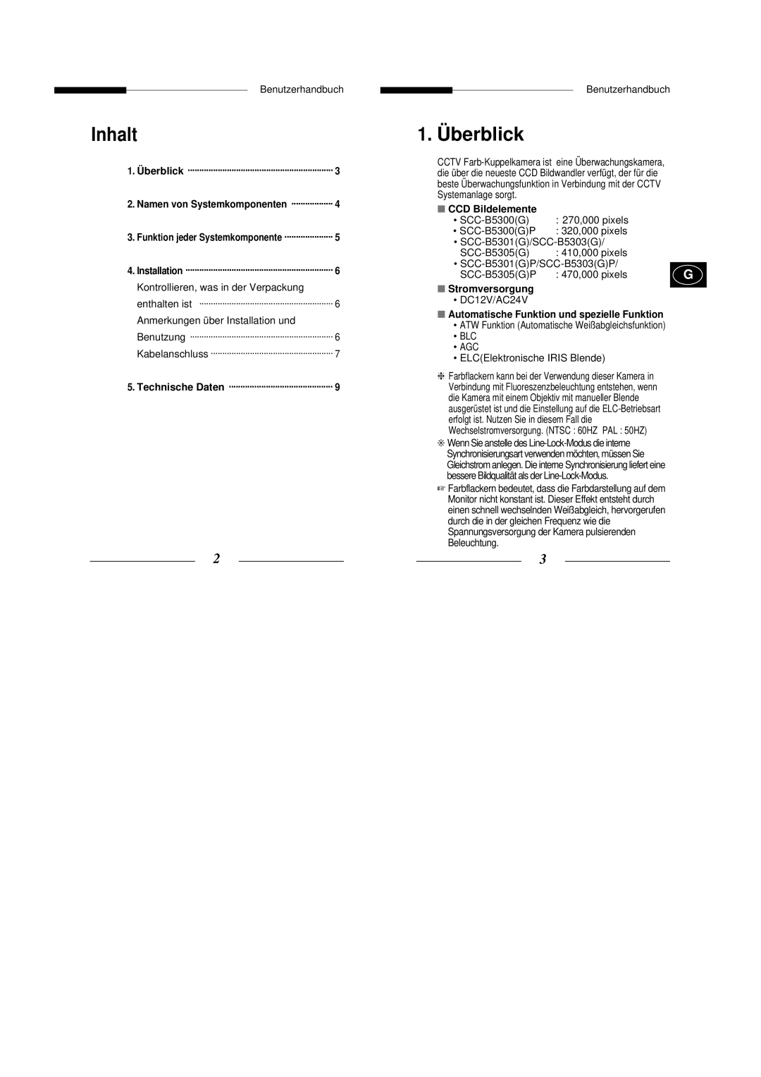 Samsung SCC-B5300P manual Inhalt, Überblick, Stromversorgung, Automatische Funktion und spezielle Funktion 