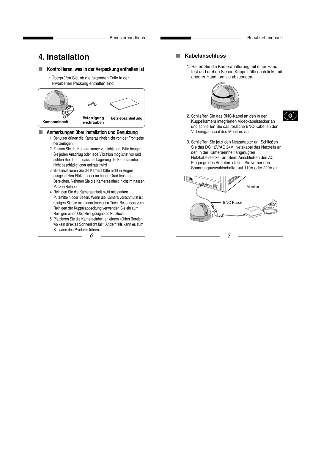 Samsung SCC-B5300P manual Kabelanschluss, Kontrollieren, was in der Verpackung enthalten ist 