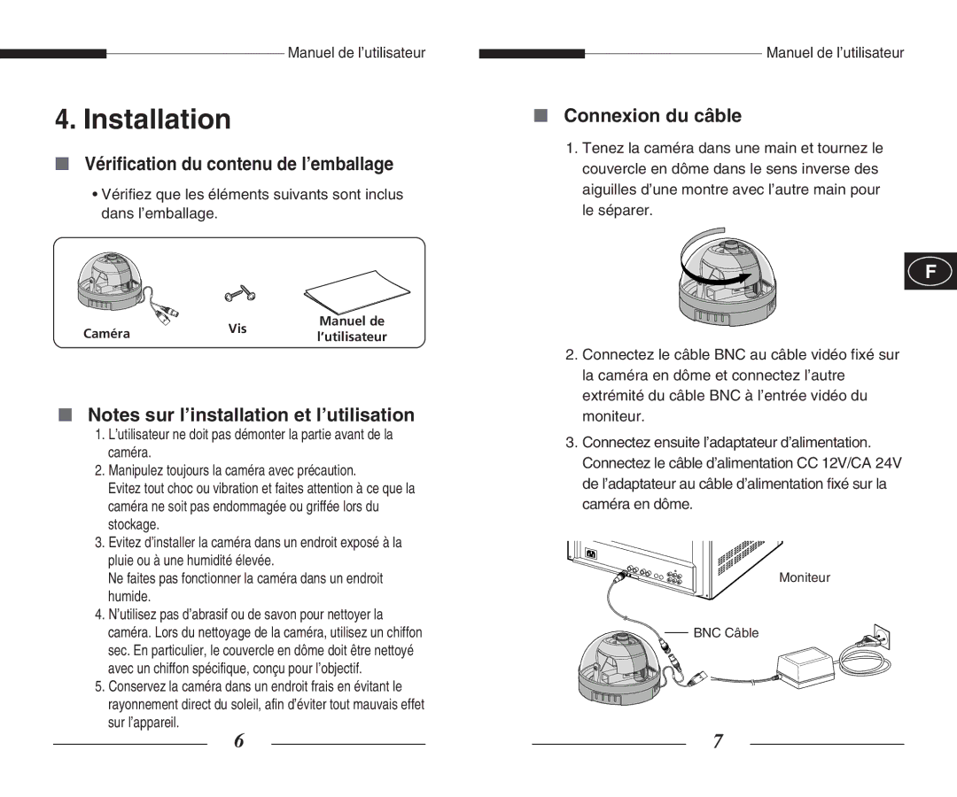 Samsung SCC-B5303(G)(P) Vérification du contenu de l’emballage, Connexion du câble, Caméra Vis Manuel de ’utilisateur 