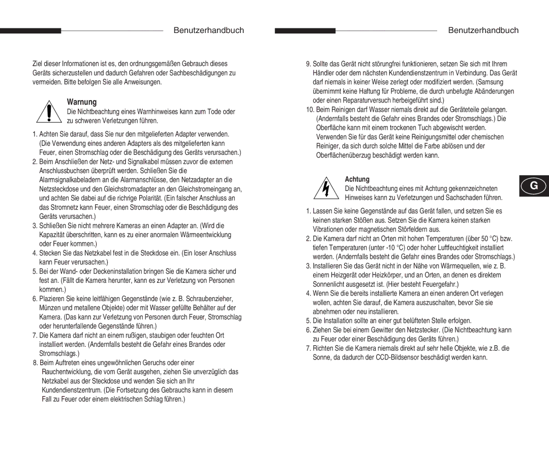 Samsung SCC-B5301(G)(P), SCC-B5305(G)(P), SCC-B5303(G)(P), SCC-B5300(G)(P) manual Warnung, Achtung 