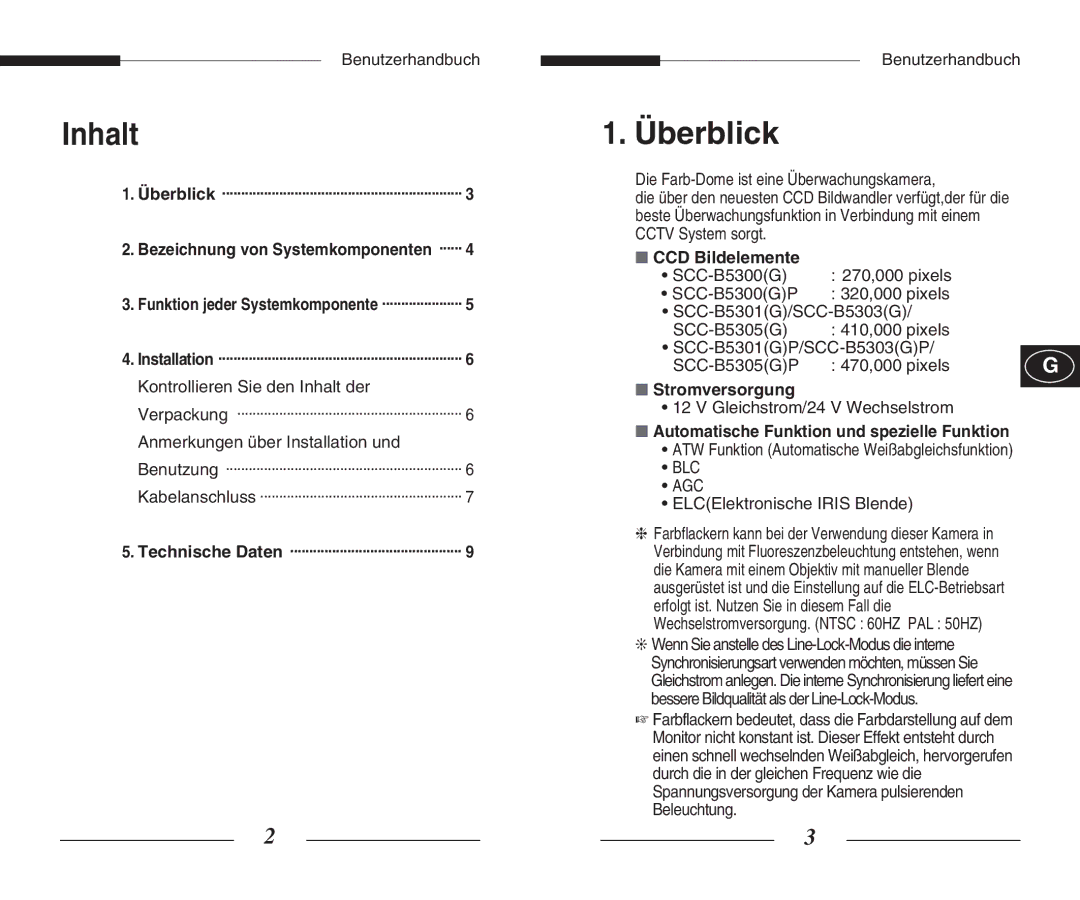 Samsung SCC-B5305(G)(P) Inhalt, Überblick, CCD Bildelemente, Stromversorgung, Automatische Funktion und spezielle Funktion 