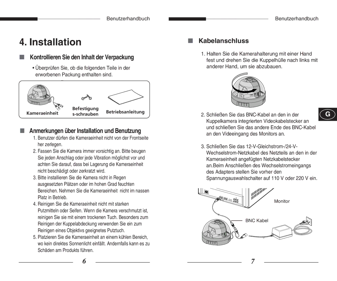 Samsung SCC-B5300(G)(P), SCC-B5301(G)(P), SCC-B5305(G)(P) manual Kabelanschluss, An den Videeingang des Monitors an 