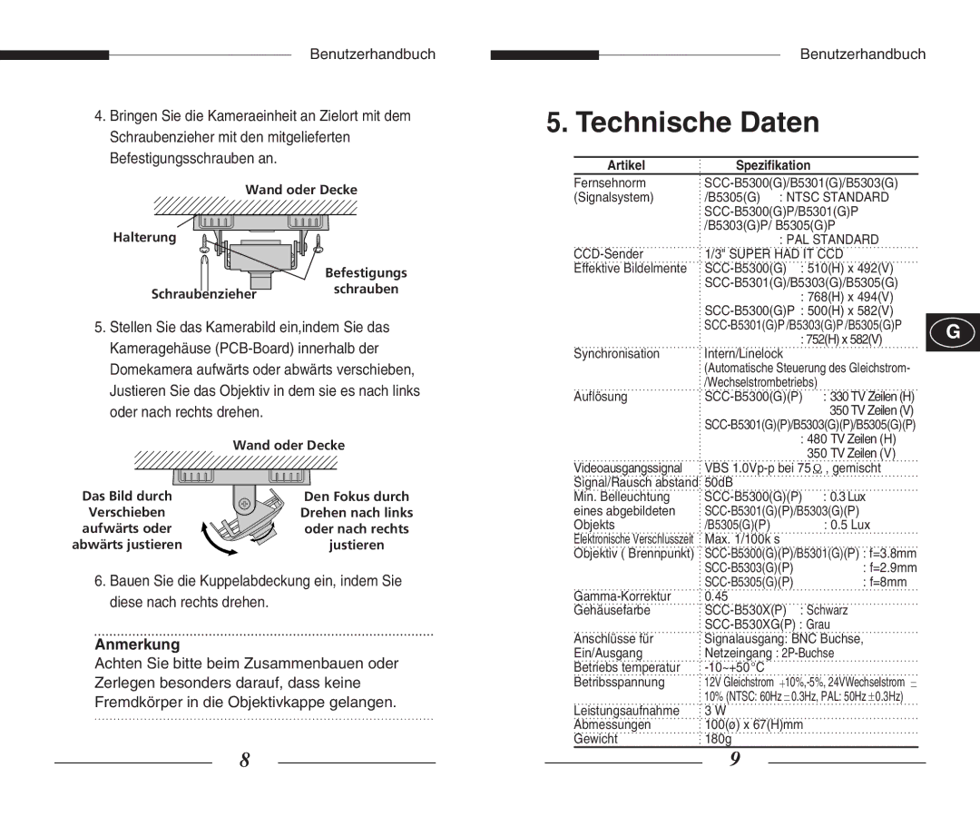 Samsung SCC-B5301(G)(P), SCC-B5305(G)(P), SCC-B5303(G)(P), SCC-B5300(G)(P) Anmerkung, Wand oder Decke, Artikel Spezifikation 